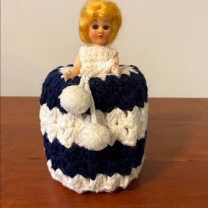 Hand Crafted blue & white striped Toilet Paper Cover Doll Retro Collectible Vtg